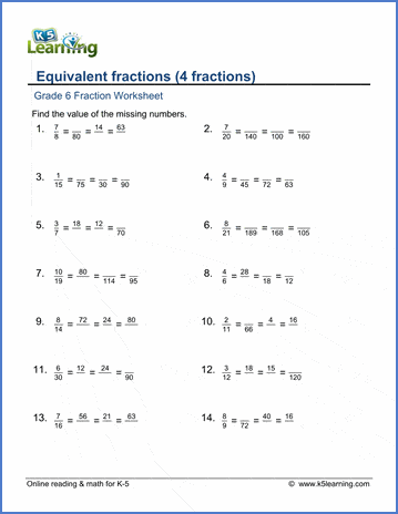 grade 6 fraction worksheets 4 equivalent fractions k5 learning