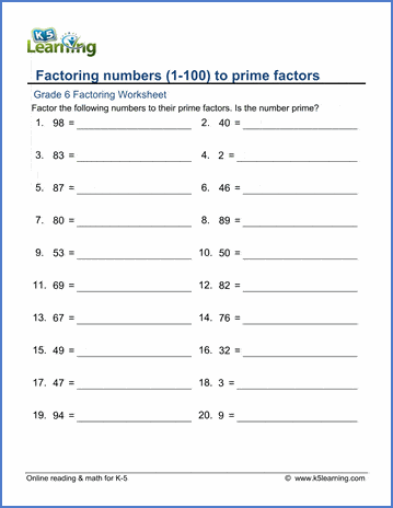 grade 6 math worksheets factoring numbers to prime factors 0 100 k5 learning