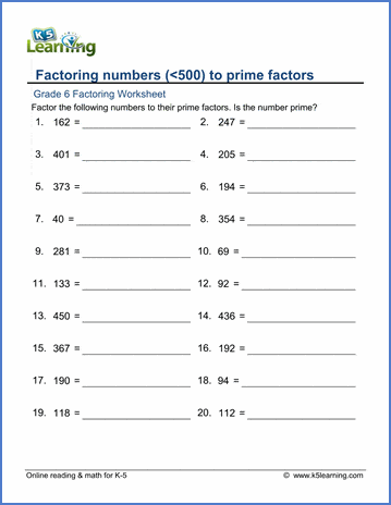 Grade 6 Math Worksheets: Factoring numbers to prime factors (0-500 ...