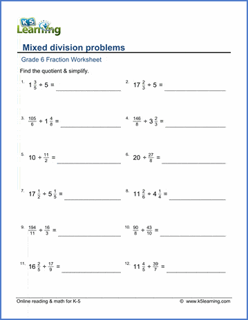 grade 6 fractions worksheets mixed division practice k5