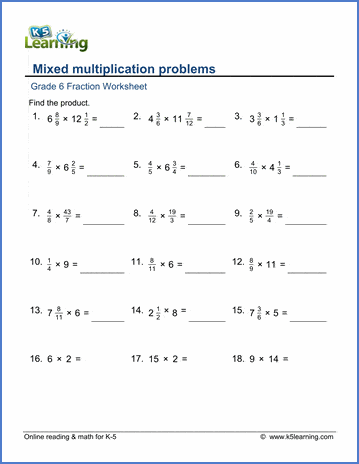 Grade 6 Fractions Worksheets: Mixed Multiplication Practice | K5 Learning