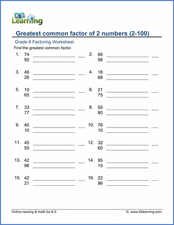 Grade 6 Factoring Worksheet greatest common factor of 2 numbers