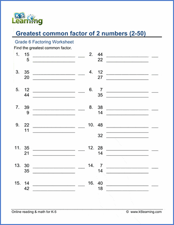 Grade 6 Factoring Worksheets: Greatest common factor (GCF) (2-50) | K5 ...