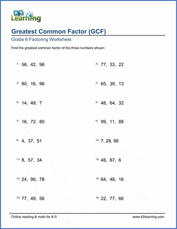Grade 6 Factoring Worksheets: Greatest common factor of 3 numbers | K5 ...