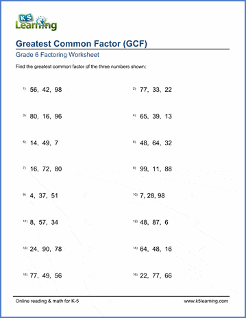 grade 6 math worksheet: greatest common factor of 3 numbers | K5 Learning