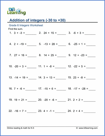 Grade 6 Integers Worksheets Addition Of Integers 30 To
