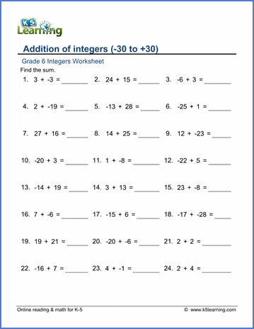 K5 Learning Worksheets Adding Integers