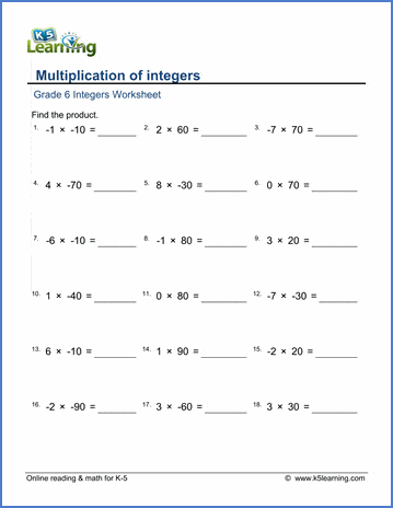 Multiplying integers by whole tens worksheets