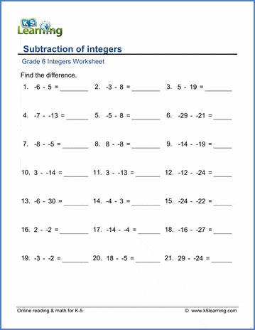 Subtract integers worksheets