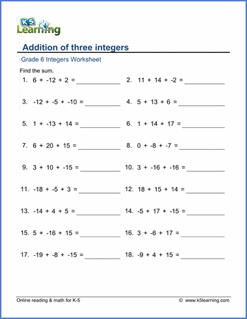 integers worksheets free printable k5 learning