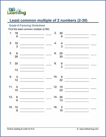 Grade 6 Math Worksheet Least Common Multiple Lcm K5 Learning