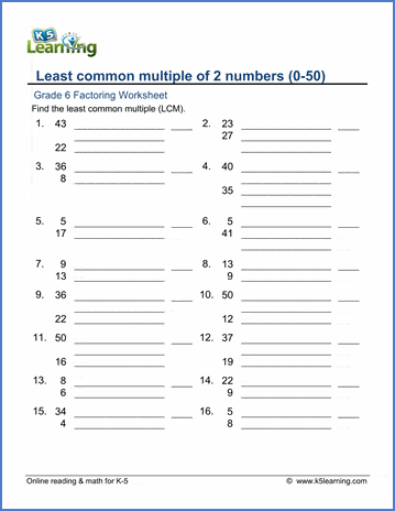 Grade 6 Math Worksheet Least Common Multiple Lcm 2 50 K5 Learning