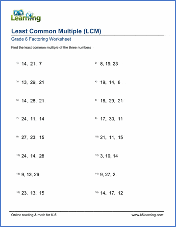 grade 6 math worksheet least common multiple lcm of 3 numbers k5 learning
