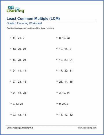 Grade 6 Math Worksheet Least Common Multiple Lcm Of 3 Numbers K5 Learning