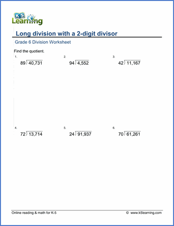 Grade 6 Math worksheet Multiplication and division: long division