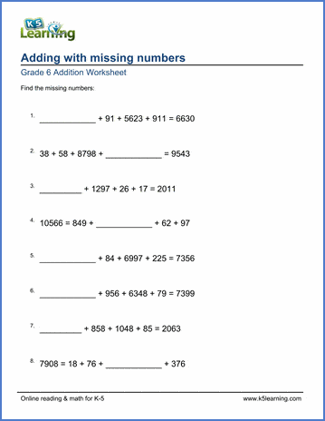 Grade 6 Factoring Worksheet adding with missing numbers