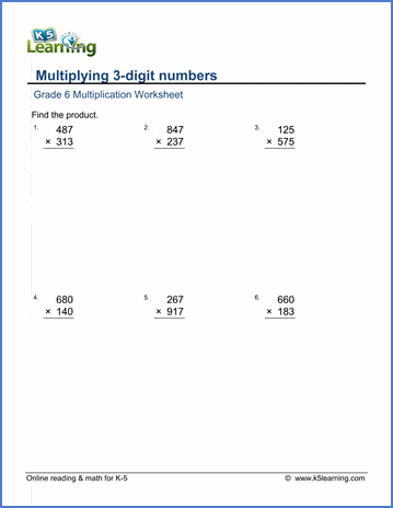 grade 6 math worksheets multiplication in columns 3 by 3 digits k5 learning