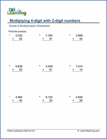 Grade 6 Math Worksheets: Multiplication in columns 4 by 2-digits | K5