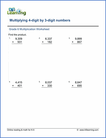 grade 6 math worksheets multiplication in columns 4 by 3 digits k5