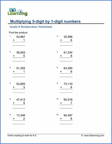 grade 6 math worksheets multiplication in columns 5 by 1 digits k5 learning