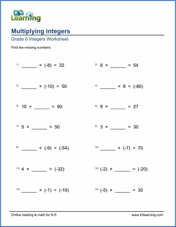 Grade 6 Integers Worksheets: Multiplying integers (missing factors