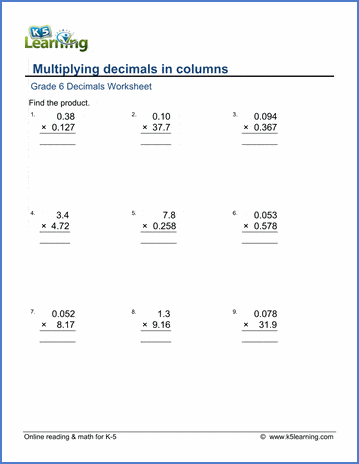 Grade 6 Math Worksheets: Multiplication of decimals in ...