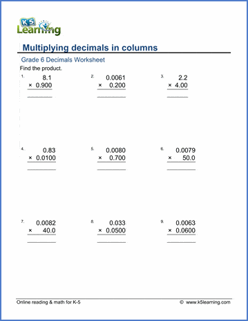 Grade 6 Worksheets: Decimal by decimal multiplication (1 4 digits) K5