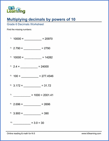 Grade 6 Worksheets: Multiply Decimals By 000'S (Missing Factors) | K5 Learning