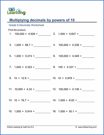 grade 6 math worksheets multiplying decimals by 10 to 100000 k5