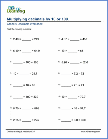 Grade 6 Worksheets Multiply Decimals By 10 Or 100 Missing Factors K5 Learning