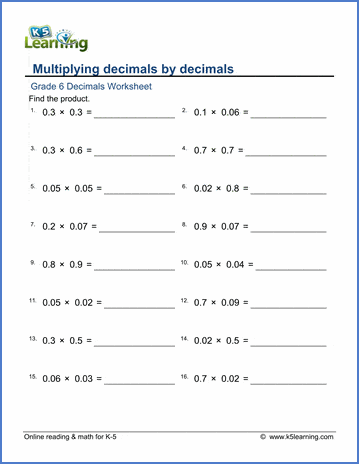 Grade 6 Math Worksheets: Decimal by decimal multiplication | K5 Learning