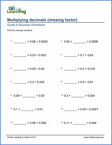 grade 6 math worksheets decimal multiplication missing factors k5