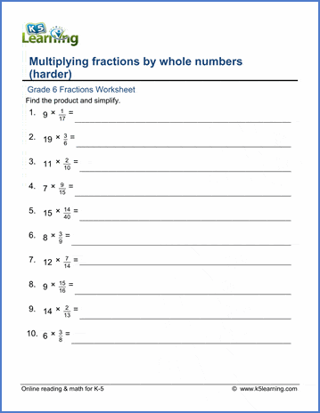 grade 6 fractions worksheets fractions multiplied by whole numbers k5 learning