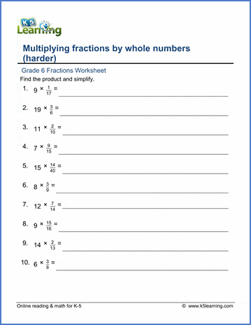 Grade 6 Fractions Worksheets: Fractions multiplied by whole numbers