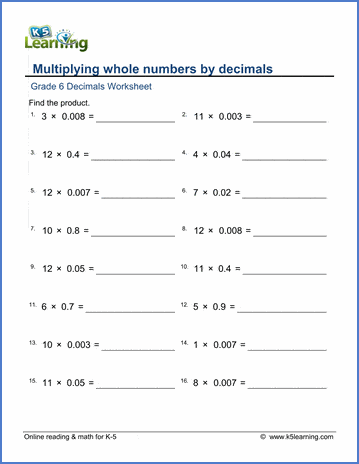 grade 6 math worksheets multiplying whole numbers by decimals k5