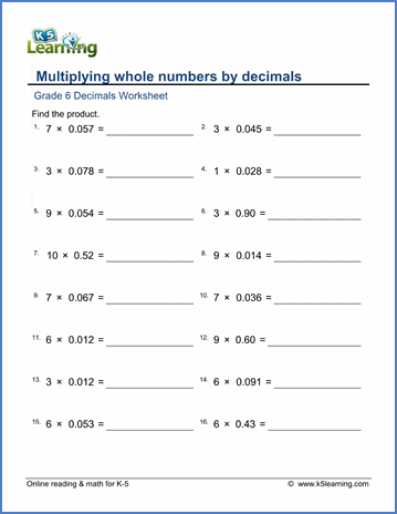 grade 6 math worksheets multiplication of whole numbers by decimals k5 learning
