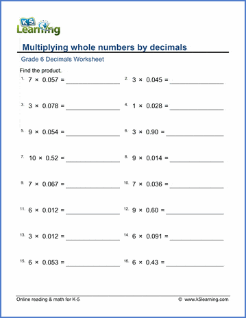 grade 6 math worksheets multiplication of whole numbers by decimals