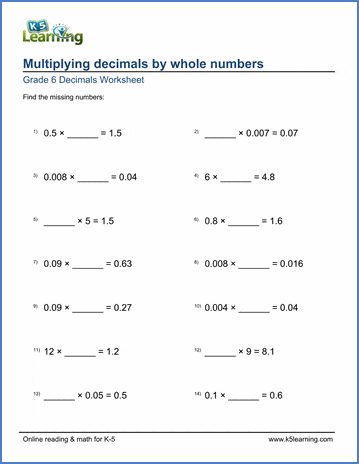 grade 6 worksheets decimals times whole numbers missing