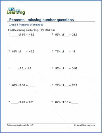 grade 6 math worksheets percents problems with missing numbers k5