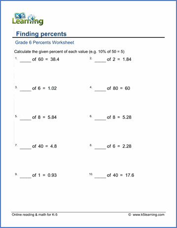 Grade 6 Math Worksheet: How many percent is one number of another | K5