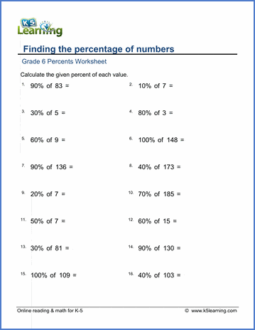 grade 6 math worksheets percentage of whole numbers