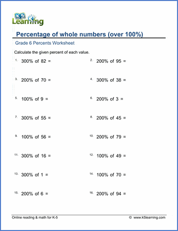 grade 6 percents worksheets percentage of whole numbers over 100 k5 learning