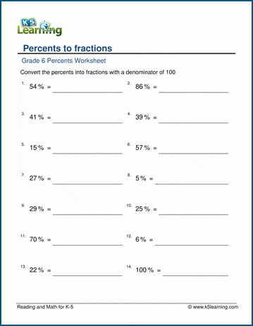 Percents to fractions worksheets K5 Learning