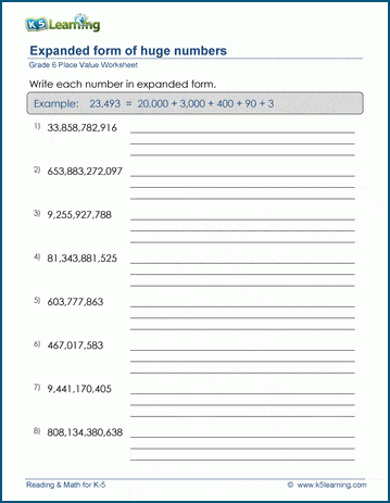 grade 6 place value worksheet numbers in expanded form 12 digits k5 learning