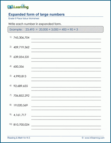 Grade 6 math worksheet - Place value: writing numbers in expanded form ...