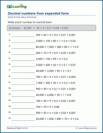 grade 6 place value worksheet build a decimal number from its parts