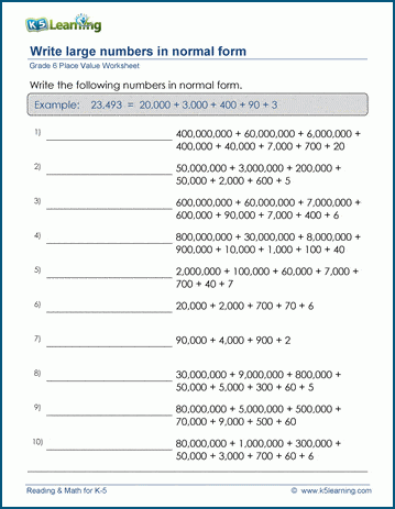 Grade 6 Place Value Worksheets Build 9 Digit Numbers From Parts K5 Learning