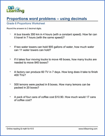 Grade 6 Proportion Word Problems Using Decimals 