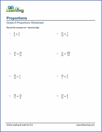 grade 6 math worksheets simple proportions k5 learning