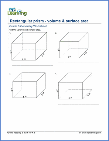 grade 6 worksheets volume surface area of rectangular prisms k5 learning